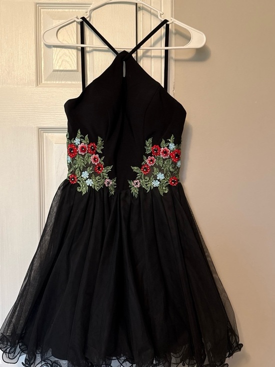 Blondie Nites Dresses & Skirts - Girls' Black Floral Appliqué Halter Dress